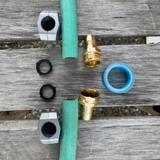 The Celtic Farm brass garden water hose repair kit with connectors for easy hose repair and secure fittings.
