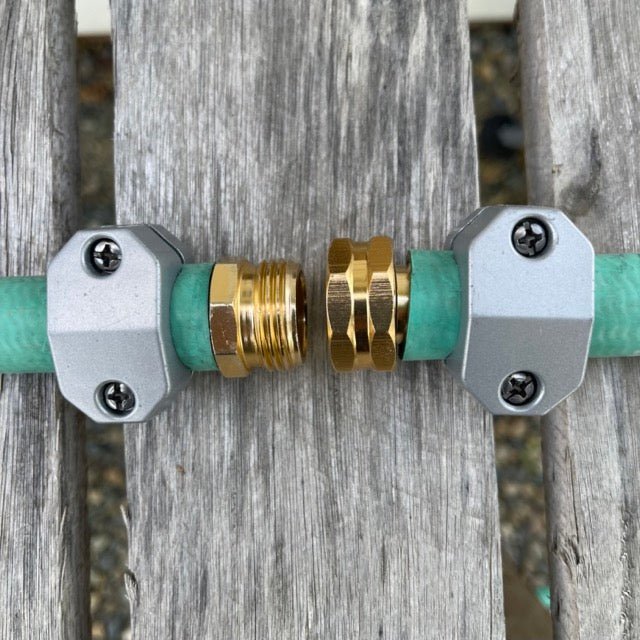 The Celtic Farm brass connectors for garden water hose repair kit showing durable metal fittings and connectors for hose repair.