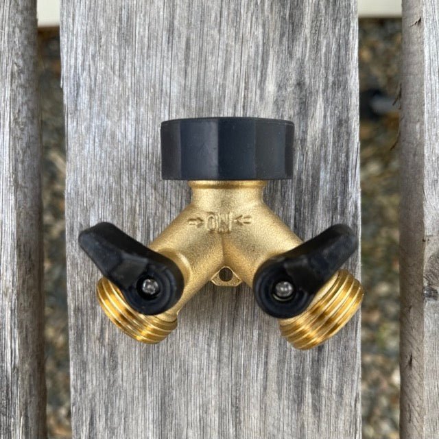 Two-way brass garden hose splitter with durable brass connectors, designed for easy split and control of water flow.