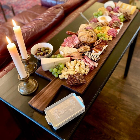 Long American Walnut Charcuterie Board by The Celtic Farm, vintage style French breadboard with a smooth wooden surface and elegant design.