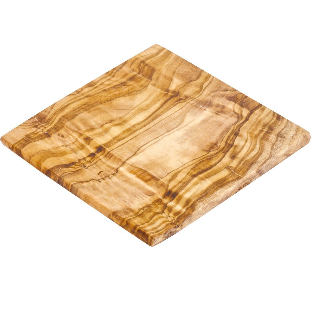 Set of 6 olive wood coasters from The Celtic Farm, imported from Italy, showcasing natural wood grain and handcrafted craftsmanship.