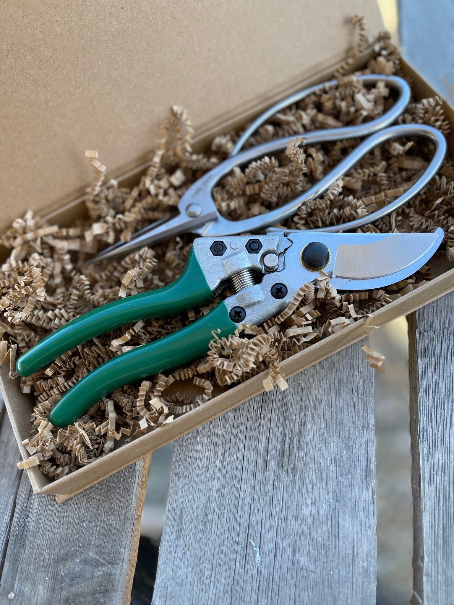 The Celtic Farm garden gift box with pruning shears and snips for gardening and plant care.