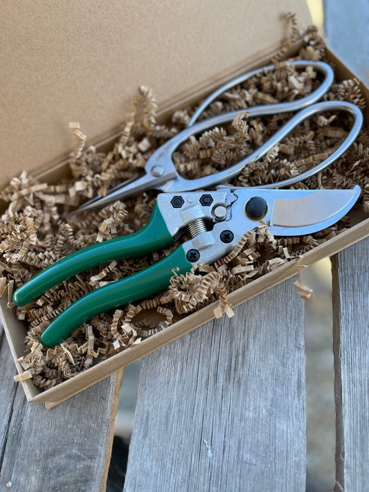 The Celtic Farm garden gift box with pruning shears and snips for gardening and plant care.