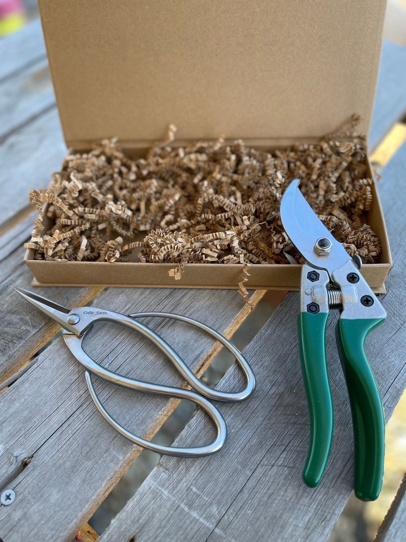 Garden Gift Box from The Celtic Farm featuring pruning shears and garden snips for plant care and gardening tasks.