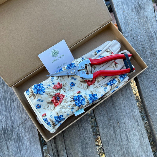 Garden Gift Box from The Celtic Farm with green and yellow gardening gloves and needle snips for planting and pruning.