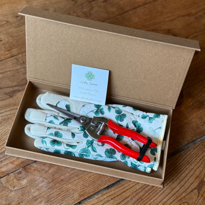 Garden Gift Box from The Celtic Farm with green and yellow gardening gloves and needle snips for gardening tasks