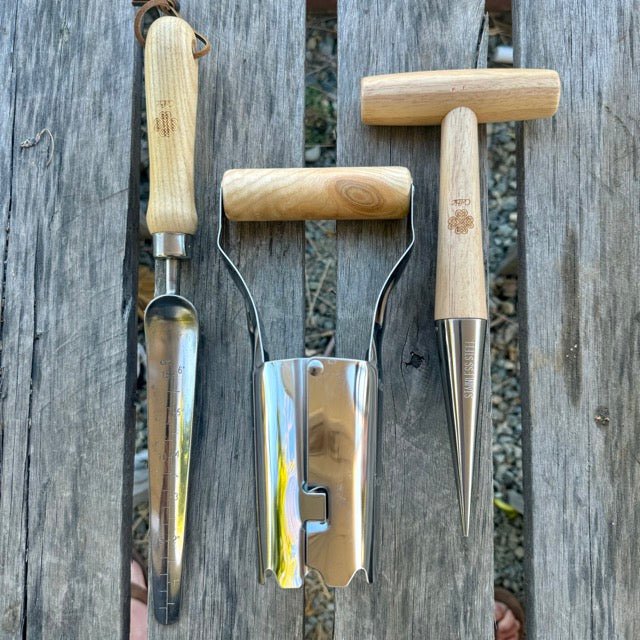 The Celtic Farm garden gift box with burlap bag containing planting efficiency tool set, bulbs, and seeds for gardening.
