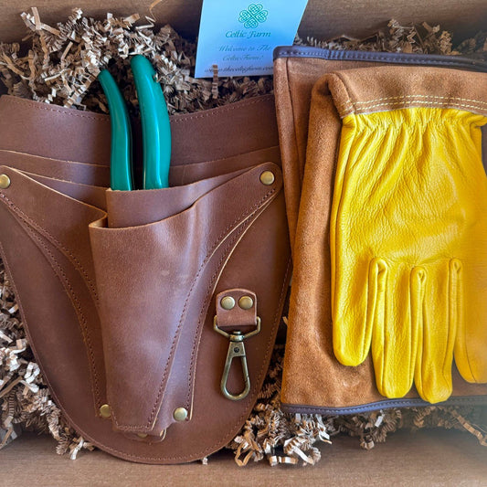 Rose Gardener Gift Box with garden tool belt, rose gloves, and pruners from The Celtic Farm, designed for gardening enthusiasts.