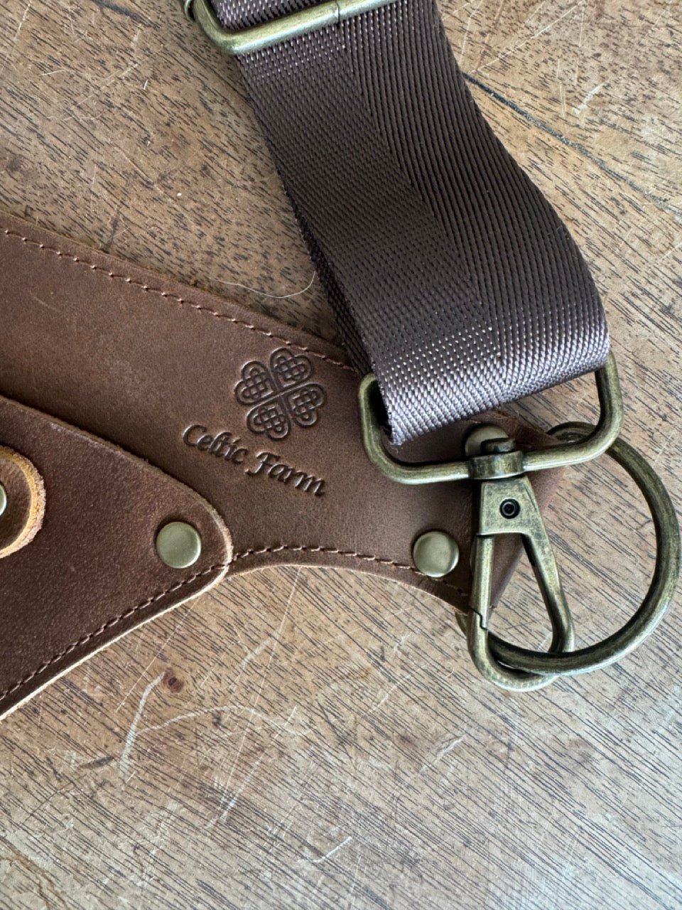 The Celtic Farm Ultimate Leather Garden Tool Belt and Holder with extra rivets, designed for master gardeners, in natural leather.