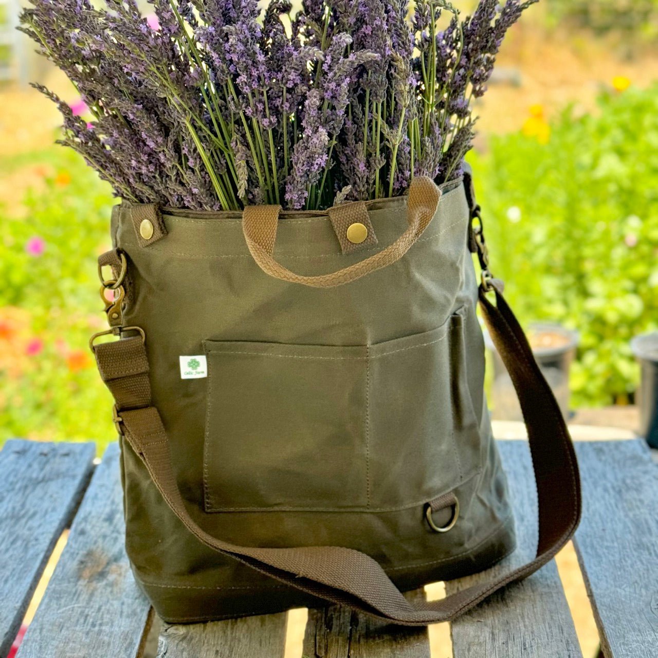 Gardener's Multipurpose Shoulder Bag by The Celtic Farm, gardening tote with tools, suitable for market trips or harvest storage.