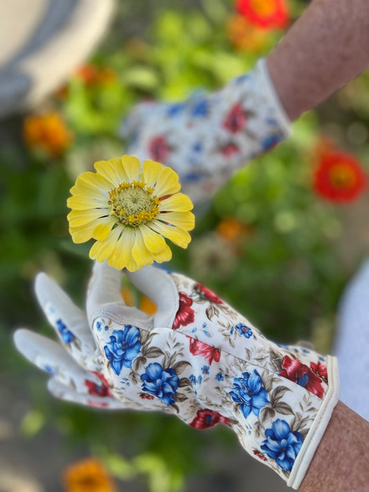 Women's floral gardening and project gloves by The Celtic Farm, featuring colorful flower design and durable fabric for gardening tasks.