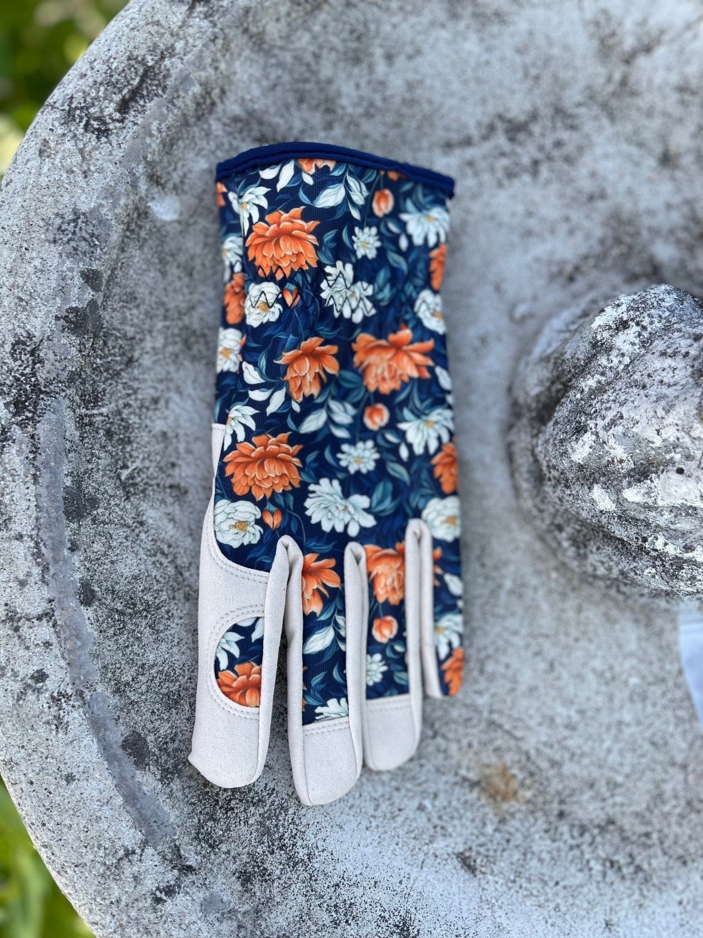 Women's floral gardening and project gloves by The Celtic Farm, medium size, with colorful floral pattern and durable fabric.