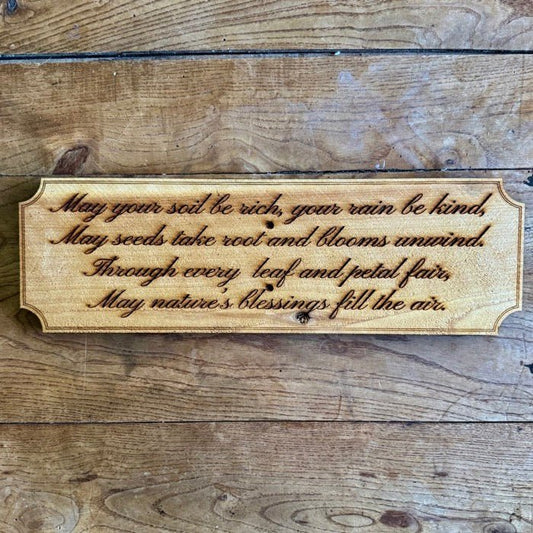 Celtic Farm Garden Blessing Sign made in USA with American cedar, featuring decorative lettering for outdoor garden decor.