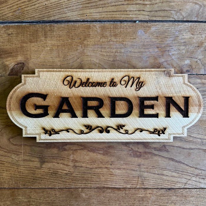 Garden Welcome Sign by The Celtic Farm, made in USA with American cedar, featuring a rustic design for outdoor garden decor.