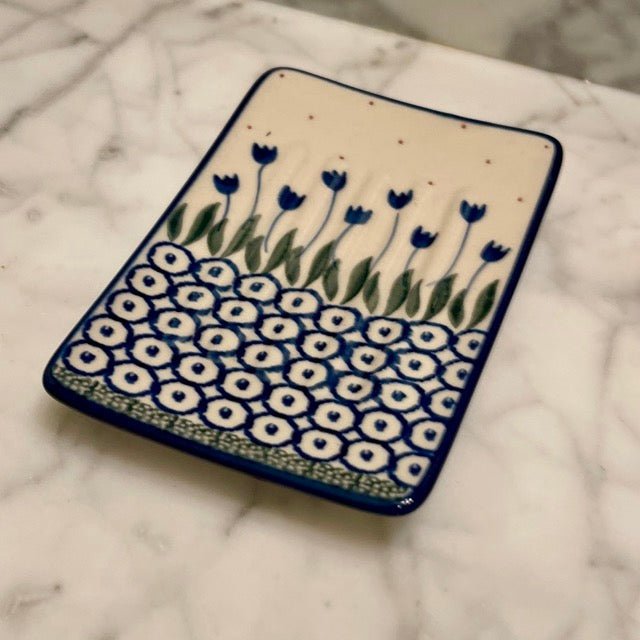 Hand-painted Polish floral ceramic soap dish by The Celtic Farm featuring a colorful flower meadow design.
