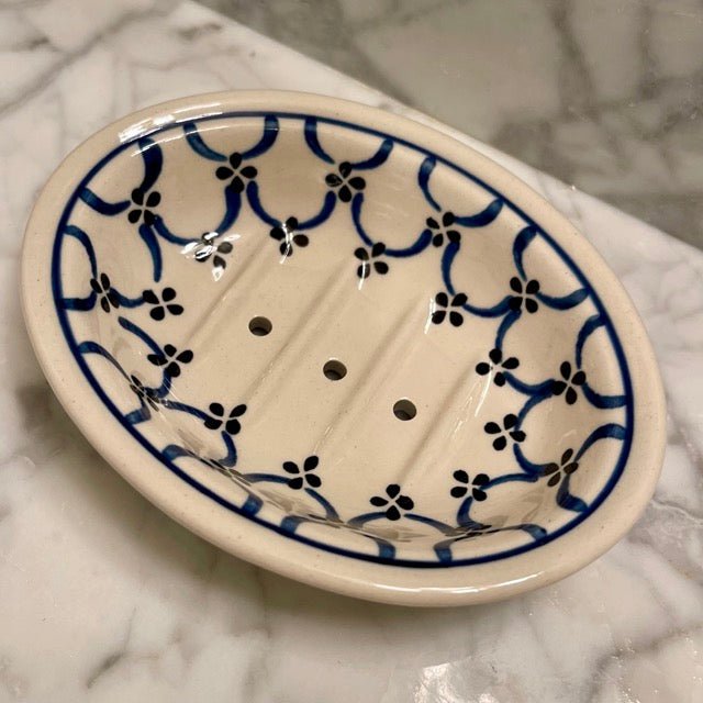 Hand-painted Polish floral ceramic soap dish by The Celtic Farm featuring a delicate light floral design.