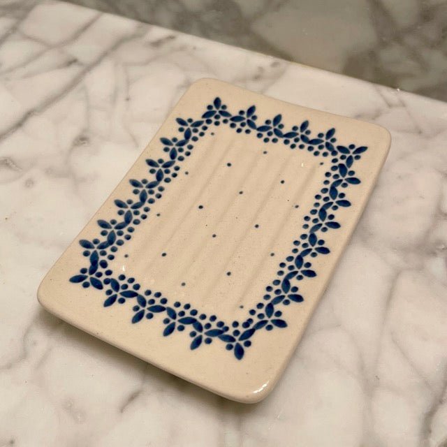 Hand-painted Polish floral ceramic soap dish with vine design by The Celtic Farm, showcasing intricate floral artwork.