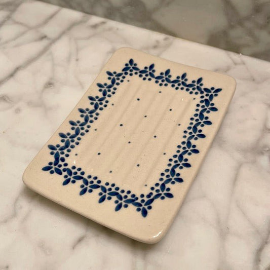 Hand-painted Polish floral ceramic soap dish with vine design by The Celtic Farm, showcasing intricate floral artwork.