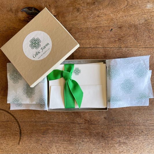 Boxed Celtic Knot Irish stationery set with 10 note cards and envelopes featuring intricate Celtic design by The Celtic Farm.