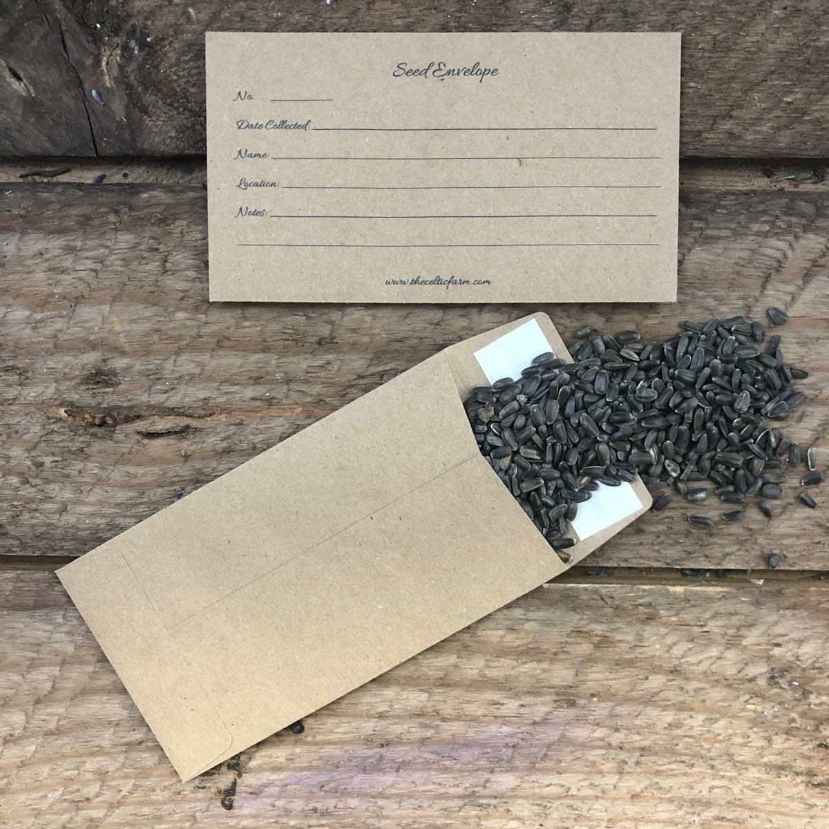 Set of Celtic Farm seed envelopes for storing seed packets, featuring a natural paper design for organizing seed collections.
