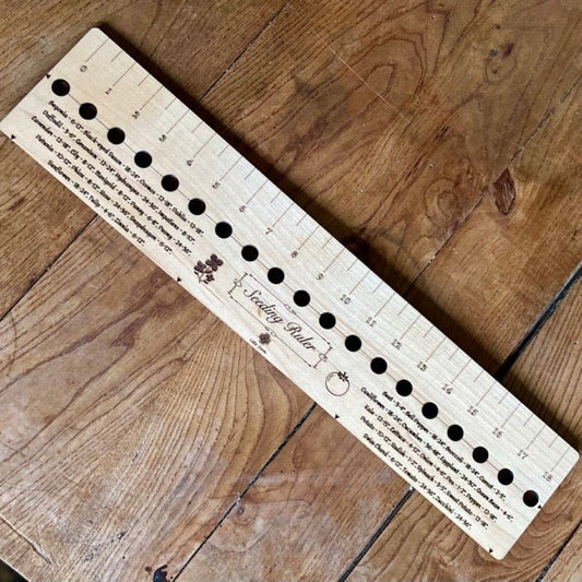 American Hardwood Seed and Bed Ruler by The Celtic Farm, made in the US with natural American lumber, shown in the image.