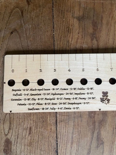 American Hardwood Seed and Bed Ruler by The Celtic Farm, made in the US with American lumber, showing a durable wooden measuring tool.