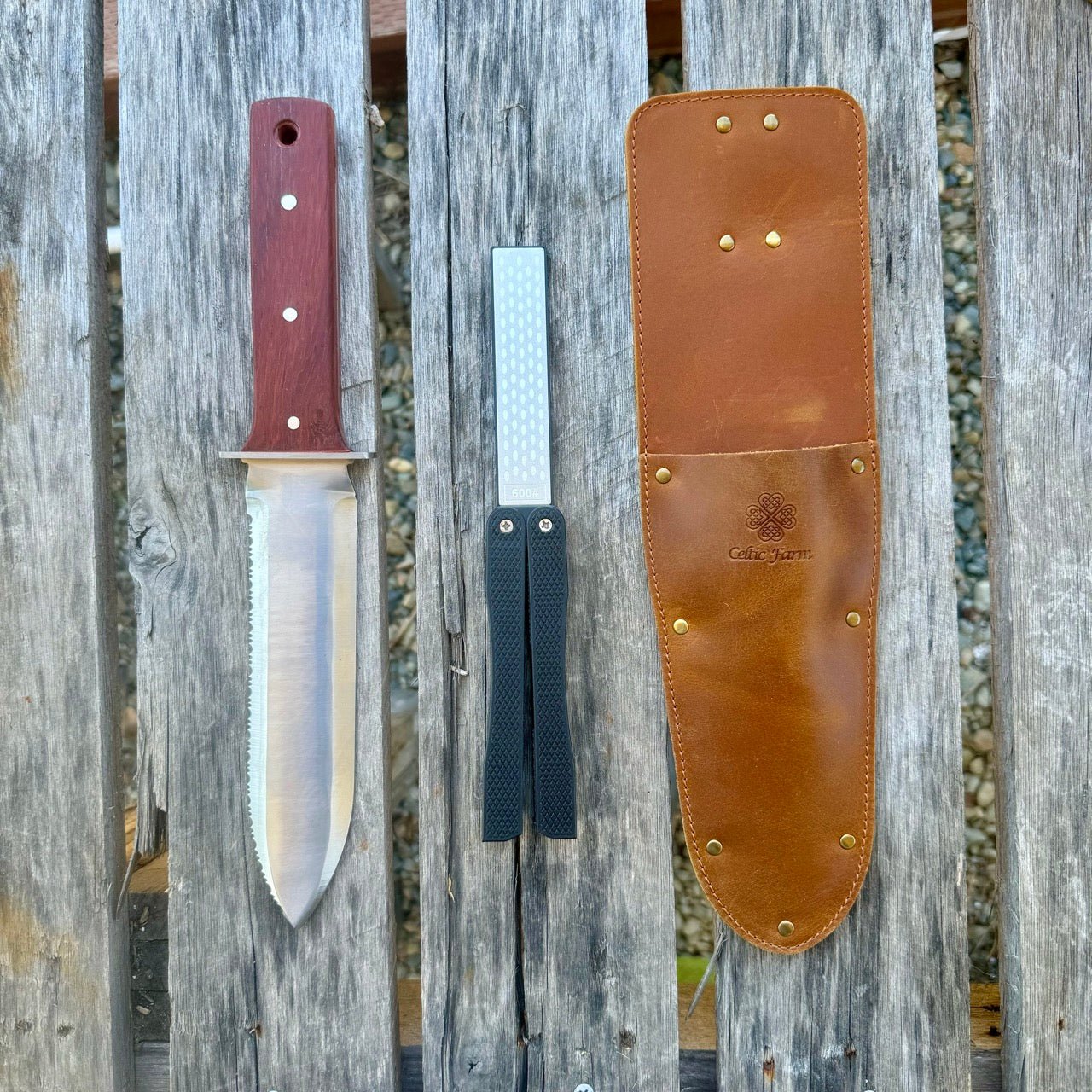 Hori Hori garden tool from The Celtic Farm in a gift box, featuring a versatile gardening knife with a wooden handle and metal blade.