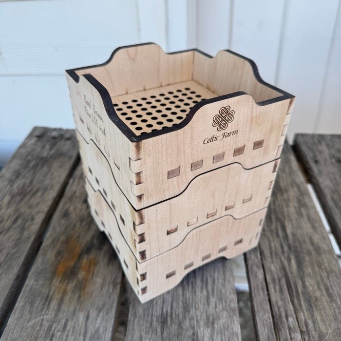 Wood garden tool set featuring a Maple Seed Sifter from The Celtic Farm, made in the USA, with wooden handles and mesh sifting surface.