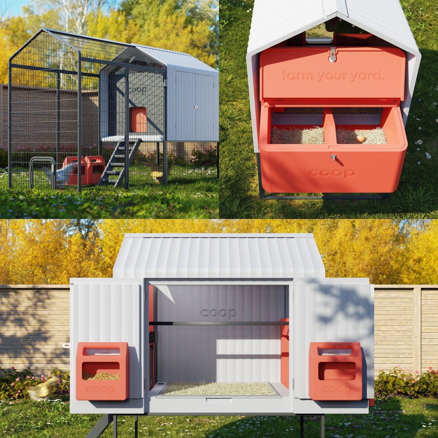 The Smart Coop with steel run and chicks, showing the outdoor coop and secure enclosure for poultry.