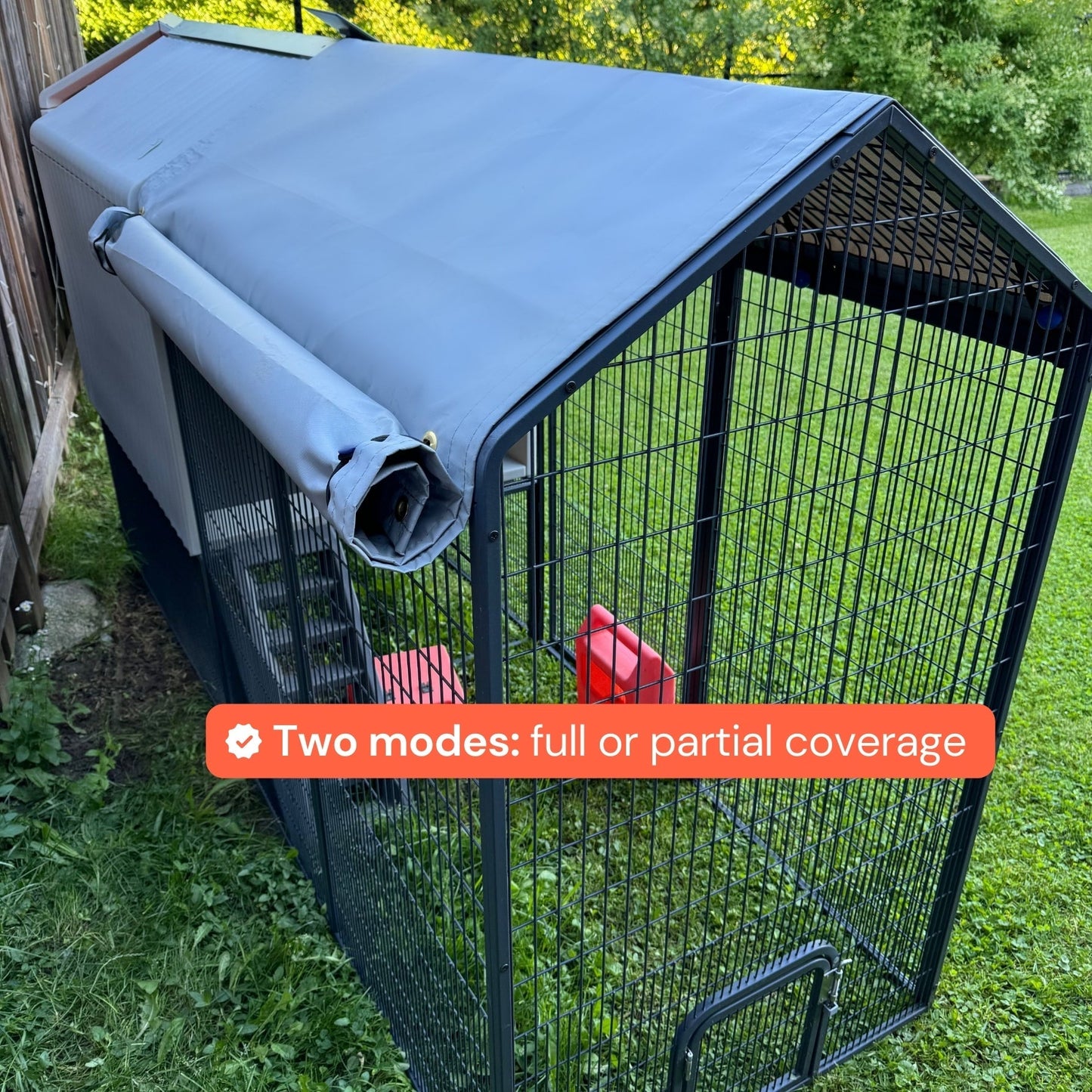 All-weather chicken coop tarp by The Smart Coop protects poultry from rain and wind, shown draped over a sturdy chicken coop.