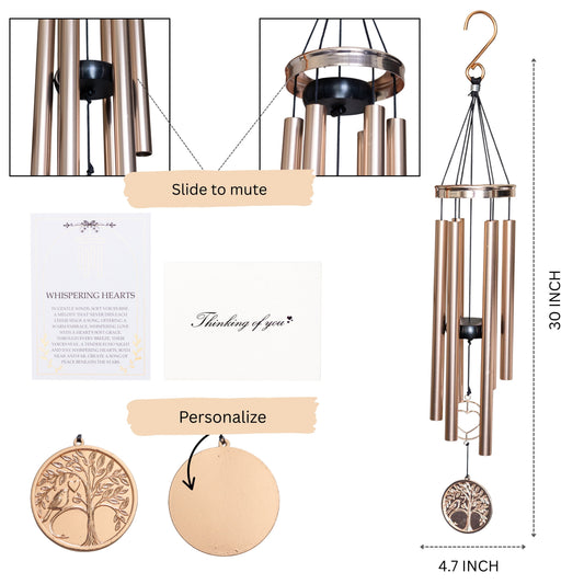 30-inch Whispering Hearts platinum rose wind chime from The Wind Chime Co with gift box, personalized, part of the Whispering Hearts collection.