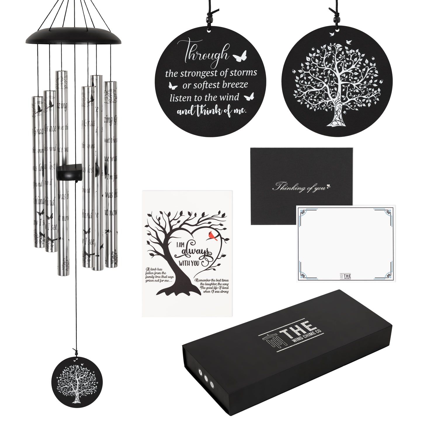 40-inch Serenity Memorial Wind Chimes with Amazing Grace scripture, featuring hanging tubes and decorative top for reflection or gift-giving.