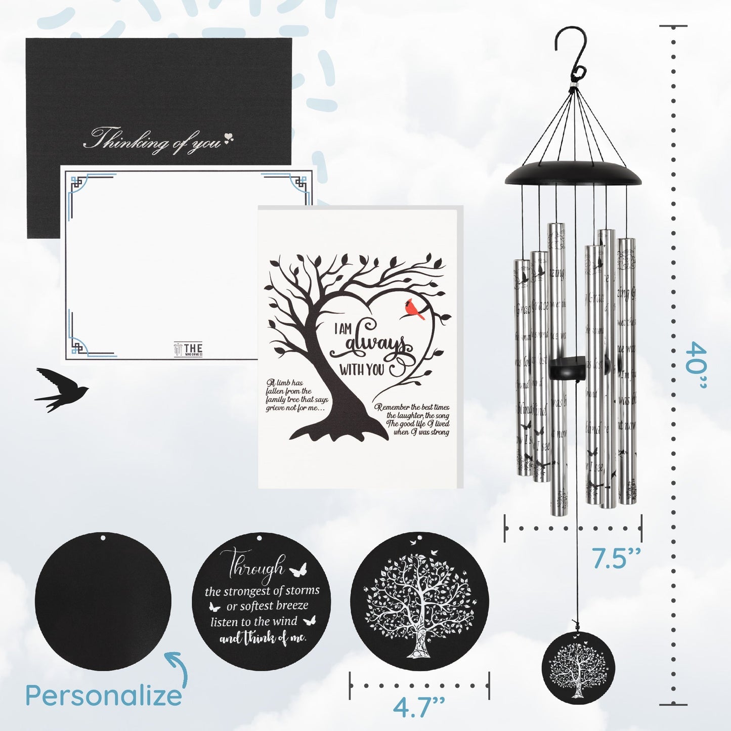 40-inch Serenity Memorial Wind Chimes by The Wind Chime Co featuring metal tubes and engraved Amazing Grace scripture for reflection.