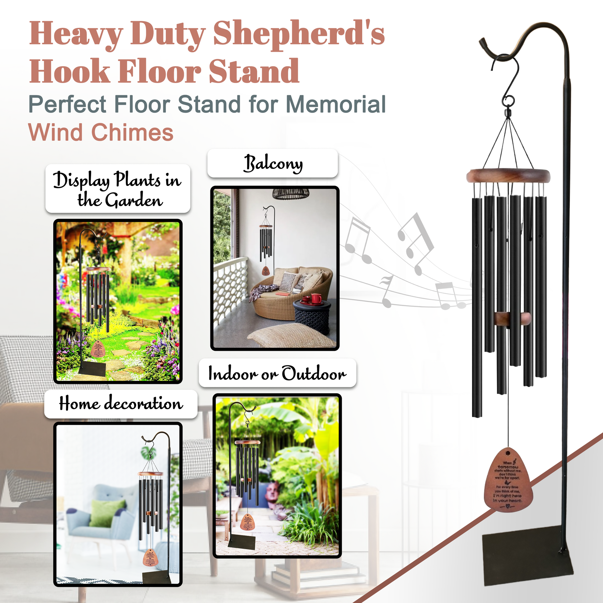 Heavy-duty 60-inch adjustable shepherd's hook floor stand from The Wind Chime Co for patio and garden plant or wind chime display