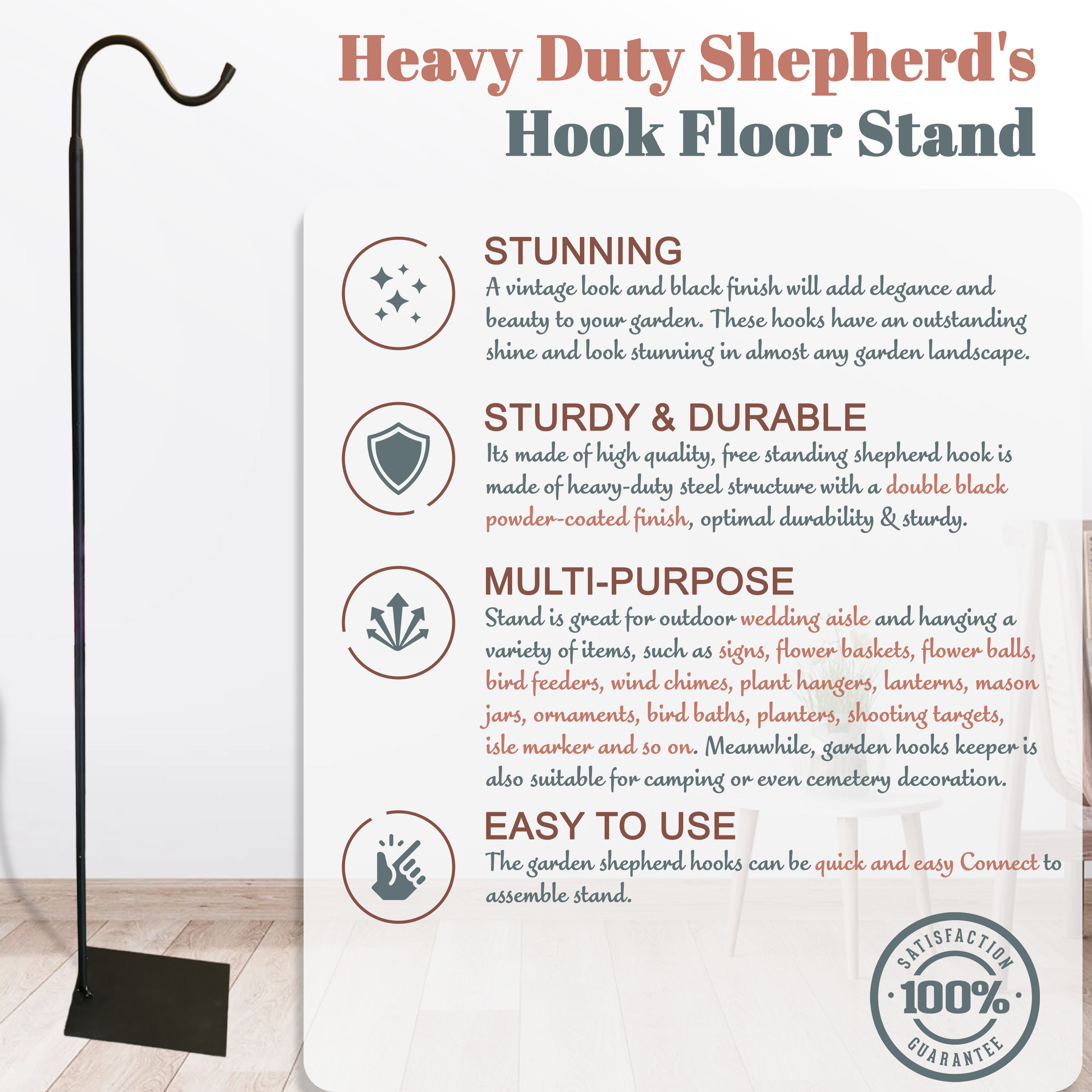 Heavy-duty 60-inch adjustable shepherd's hook floor stand by The Wind Chime Co for patio and garden hanging decor.