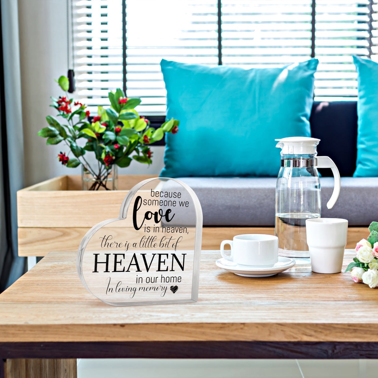 Acrylic memorial heart with heartfelt inscription, designed by The Wind Chime Co, symbolizing loved ones in heaven at home.