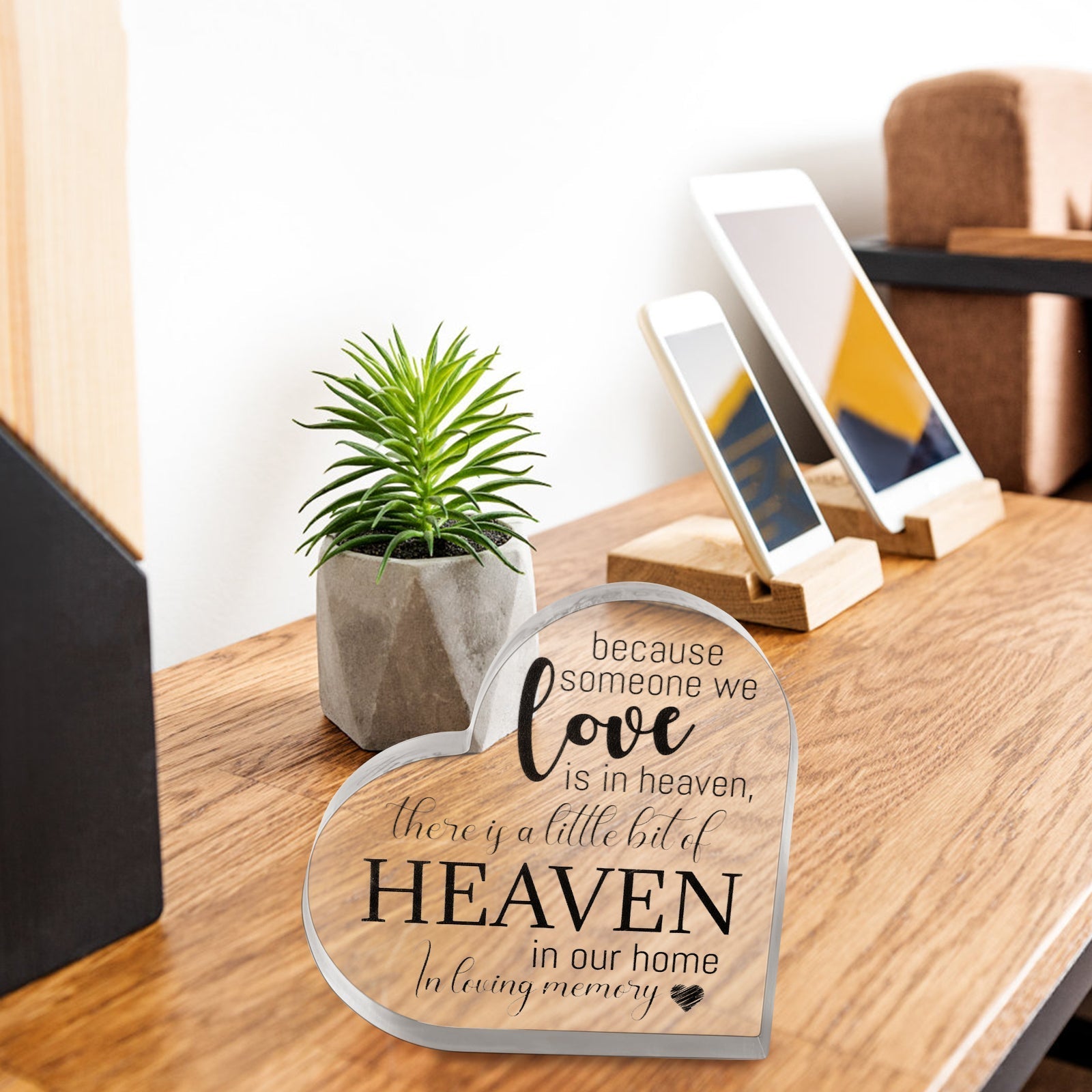 Acrylic memorial heart ornament with engraved "Heaven In Our Home" message, designed for remembrance by The Wind Chime Co.