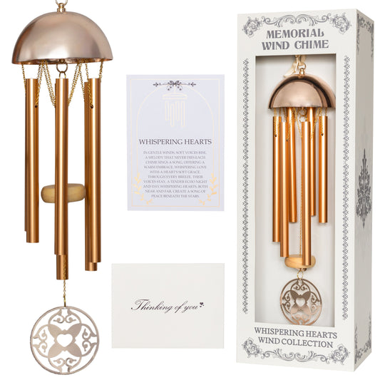 15-inch Whispering Hearts™ garden wind chime in warm gold aluminum with a personalizable heart charm, displayed in a gift box.