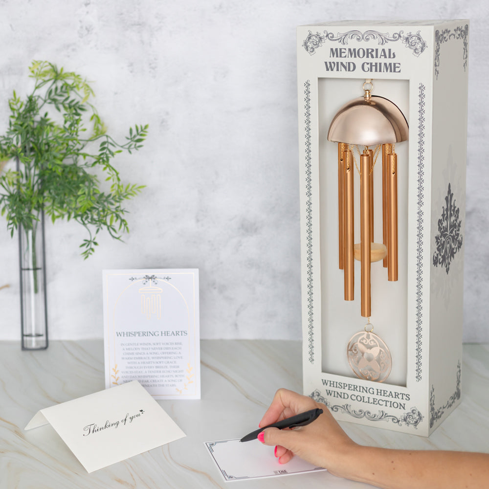 15-inch Wind Chime from The Wind Chime Co with warm gold aluminum, personalizable heart charm, in gift box, garden decoration.
