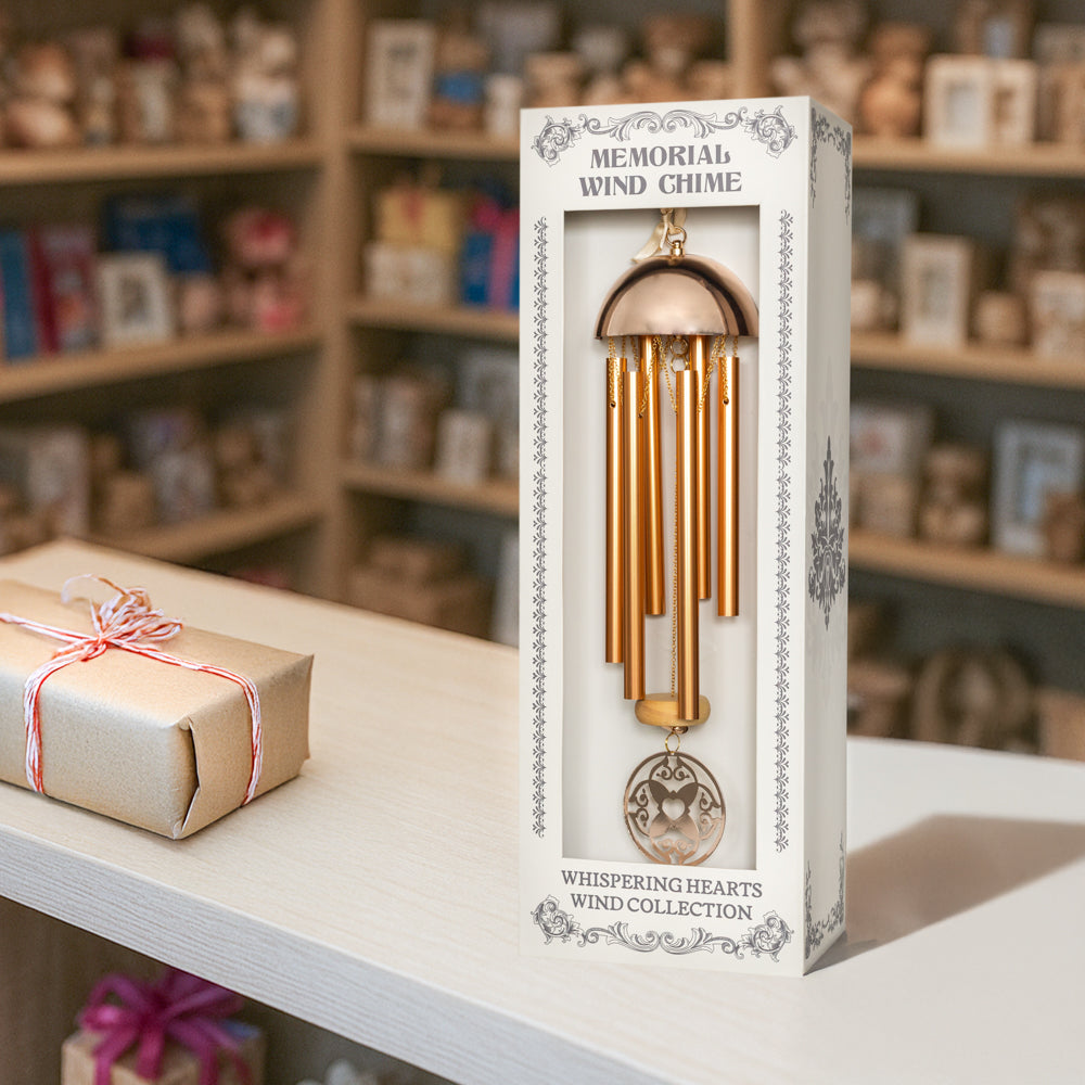 15-inch Warm Gold Aluminum Wind Chime from Whispering Hearts Collection with personalizable heart charm, in gift box for garden decoration.
