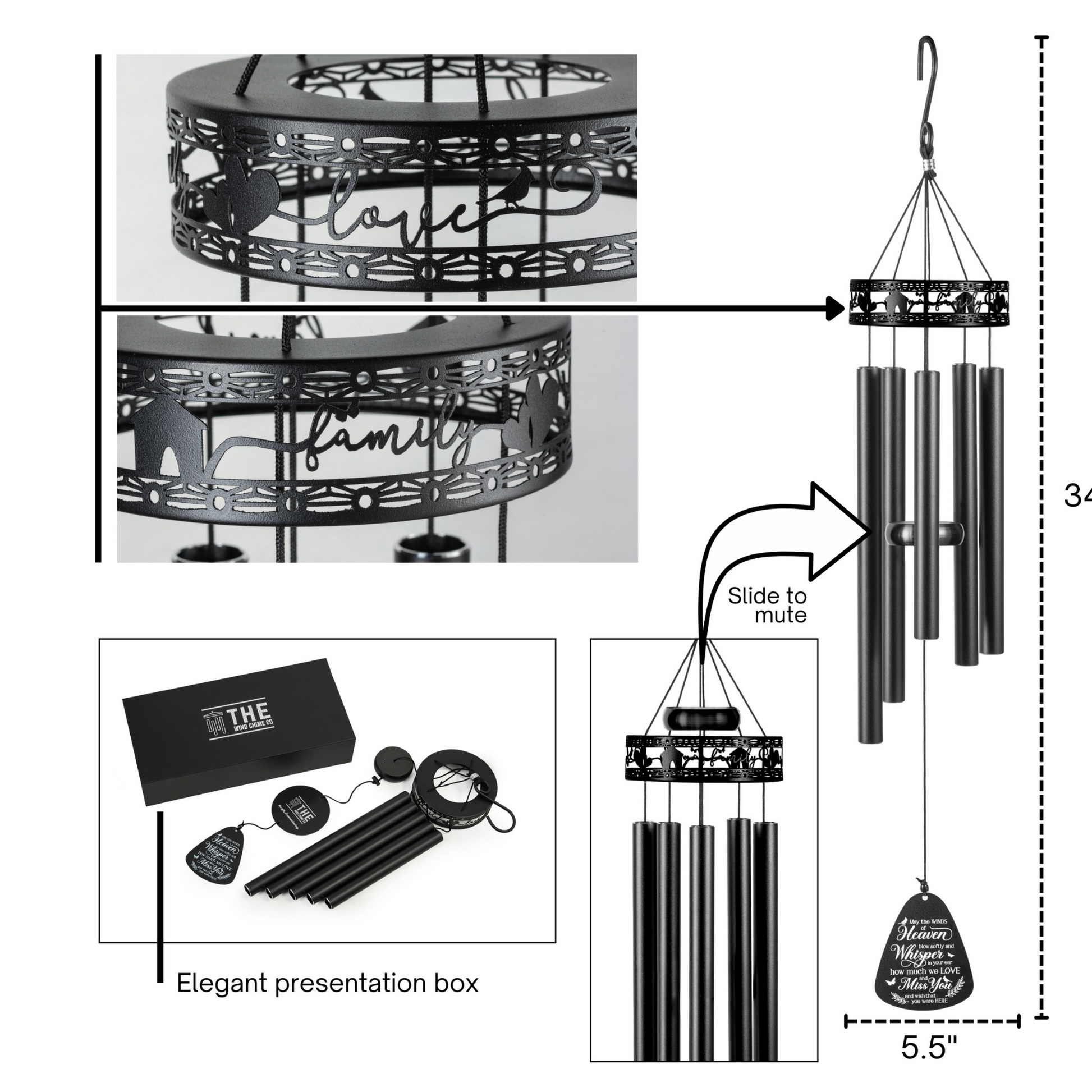34-inch Serenity Family-Love Memorial Wind Chimes by The Wind Chime Co, hanging outdoors with gentle metal tubes and decorative top.