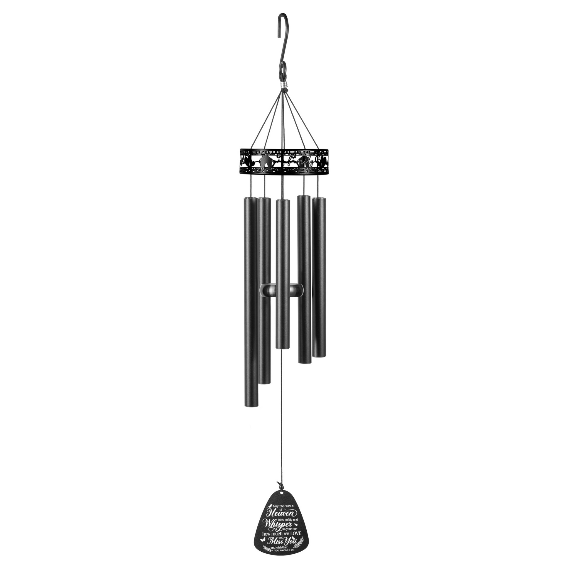 34-inch Serenity Family-Love Memorial Wind Chimes by The Wind Chime Co, featuring metal tubes and a heartfelt design for reflection.