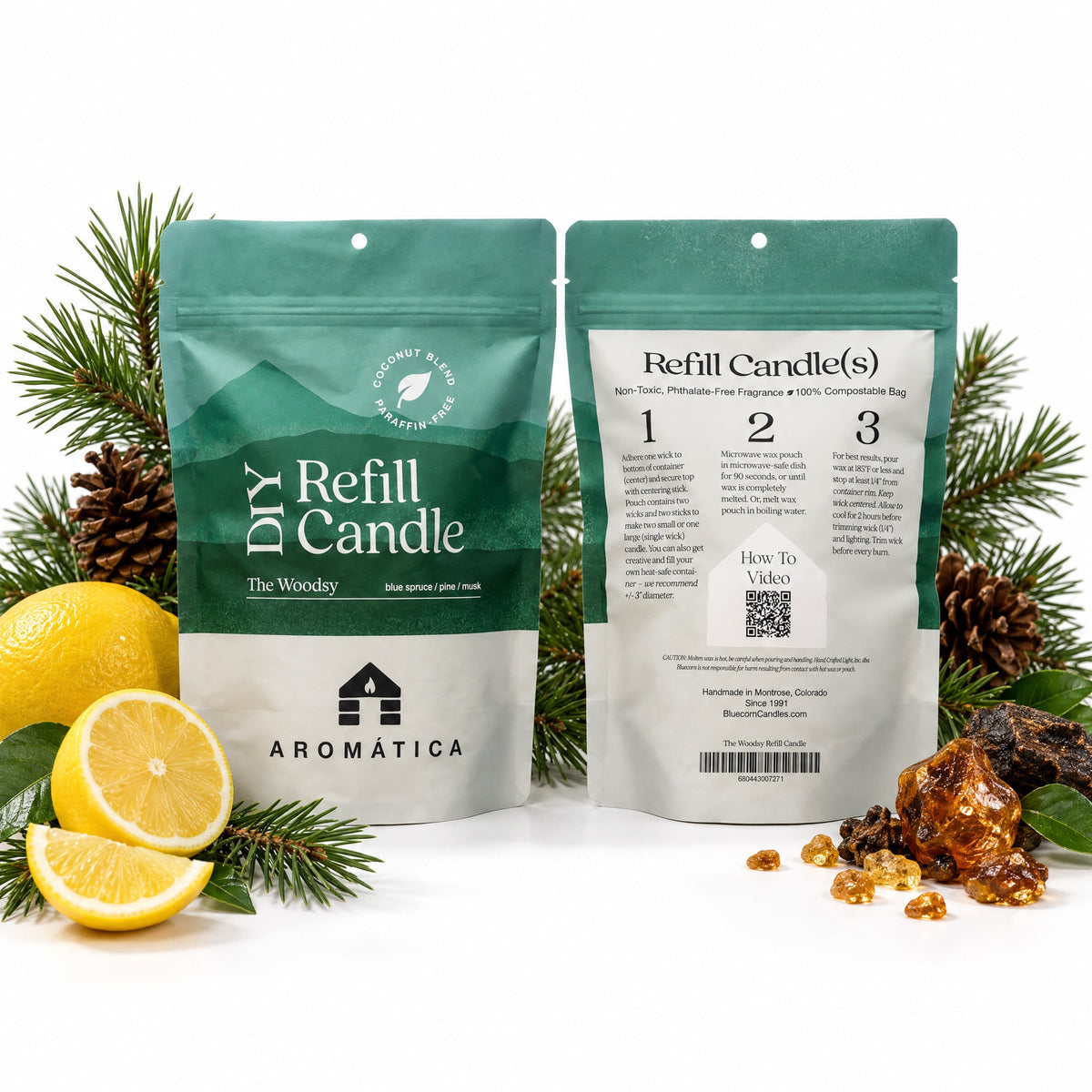 Bluecorn Candles Aromática scented candle refill kit with pine and lemon scent elements on white background.