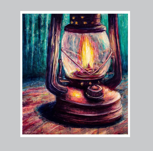 Tiffany Bates Art camp lantern’s glow fine art print, 12x10 inches, featuring a warm, glowing lantern scene in natural colors.