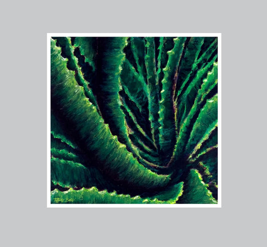 Aloe Confluence fine art print by Tiffany Bates Art, featuring vibrant aloe plant artwork in various sizes.