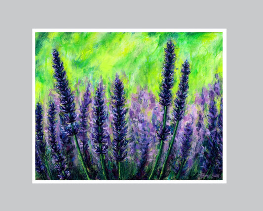 Lavender Fields Forever fine art print by Tiffany Bates Art, featuring a vibrant lavender landscape in multiple sizes.