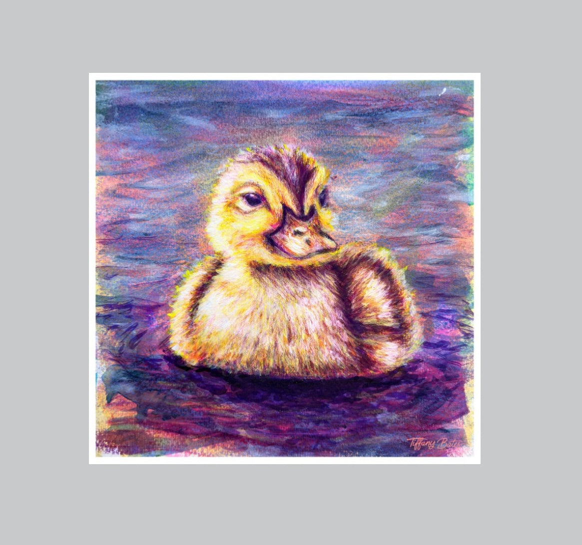 Fine art print of a darling duckling by Tiffany Bates Art, 8x8 inches, showcasing a charming and detailed illustration.