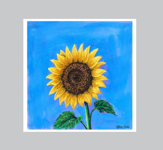 Fine art print of a soaring sunflower by Tiffany Bates Art, 8x8 inches, featuring vibrant yellow sunflower with artistic details.