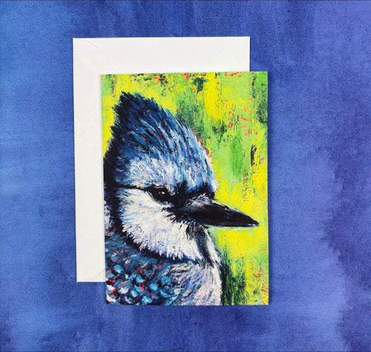 Bluejay’s Gaze greeting card by Tiffany Bates Art featuring a detailed illustration of a bluejay bird.