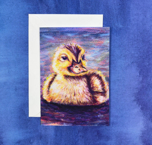 Darling Duckling greeting card by Tiffany Bates Art featuring a cute illustration of a duckling for special occasions.
